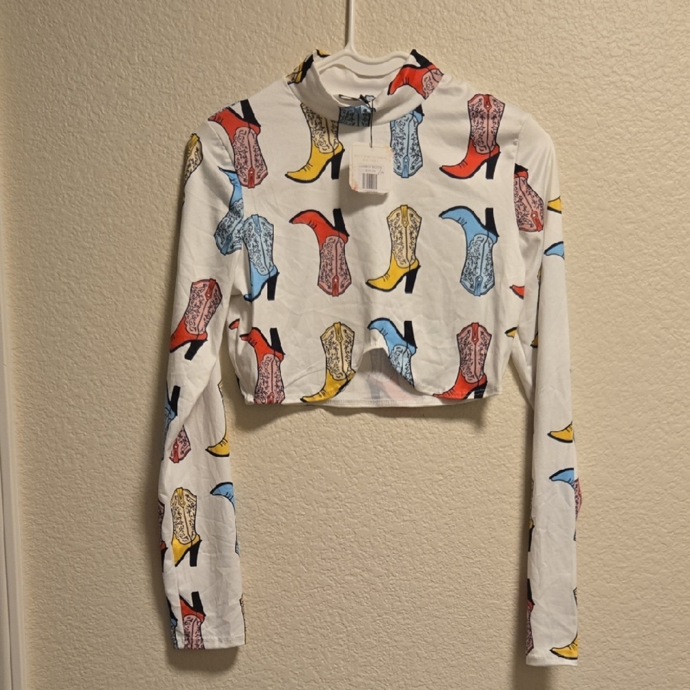 Colorful Cowboy Boot Print Crop Top